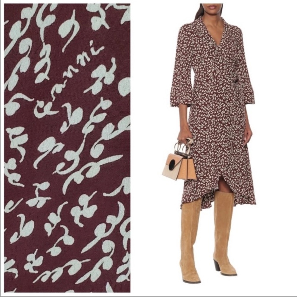 NWT Ganni Floral Print Wrap Midi Dress Printed Crepe Decadent Chocolate Sz 42/L